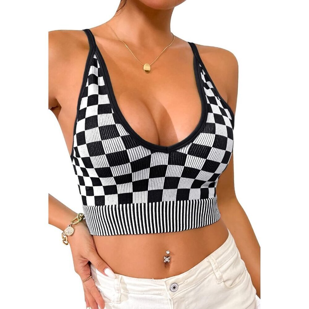 Women's V Neck Crop Tank Tops Adjustable Spaghetti Strap Summer Casual